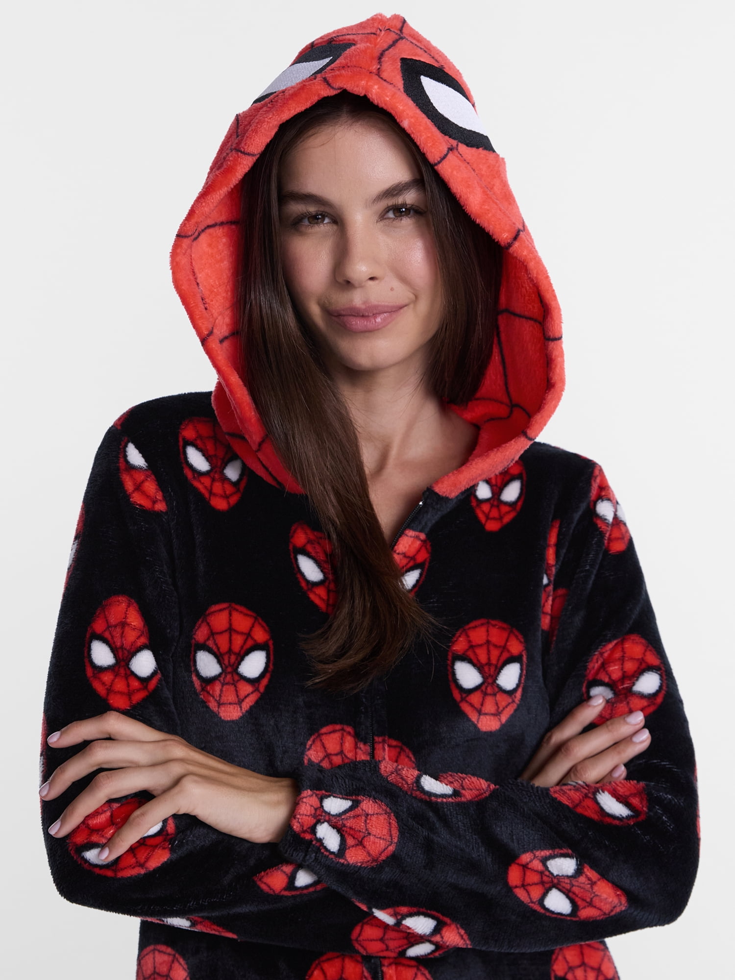 Spider-Man Women's Minky Fleece Union Suit Pajamas with Pockets, Sizes XS-3X