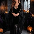 thumbnail image 2 of IWRICH Women's Gothic Velvet Lace Patchwork Maxi Dress Sheer Lace Sleeves Long Bell Dresses Chain V-Neck Halloween Party Outfits Black L, 2 of 9
