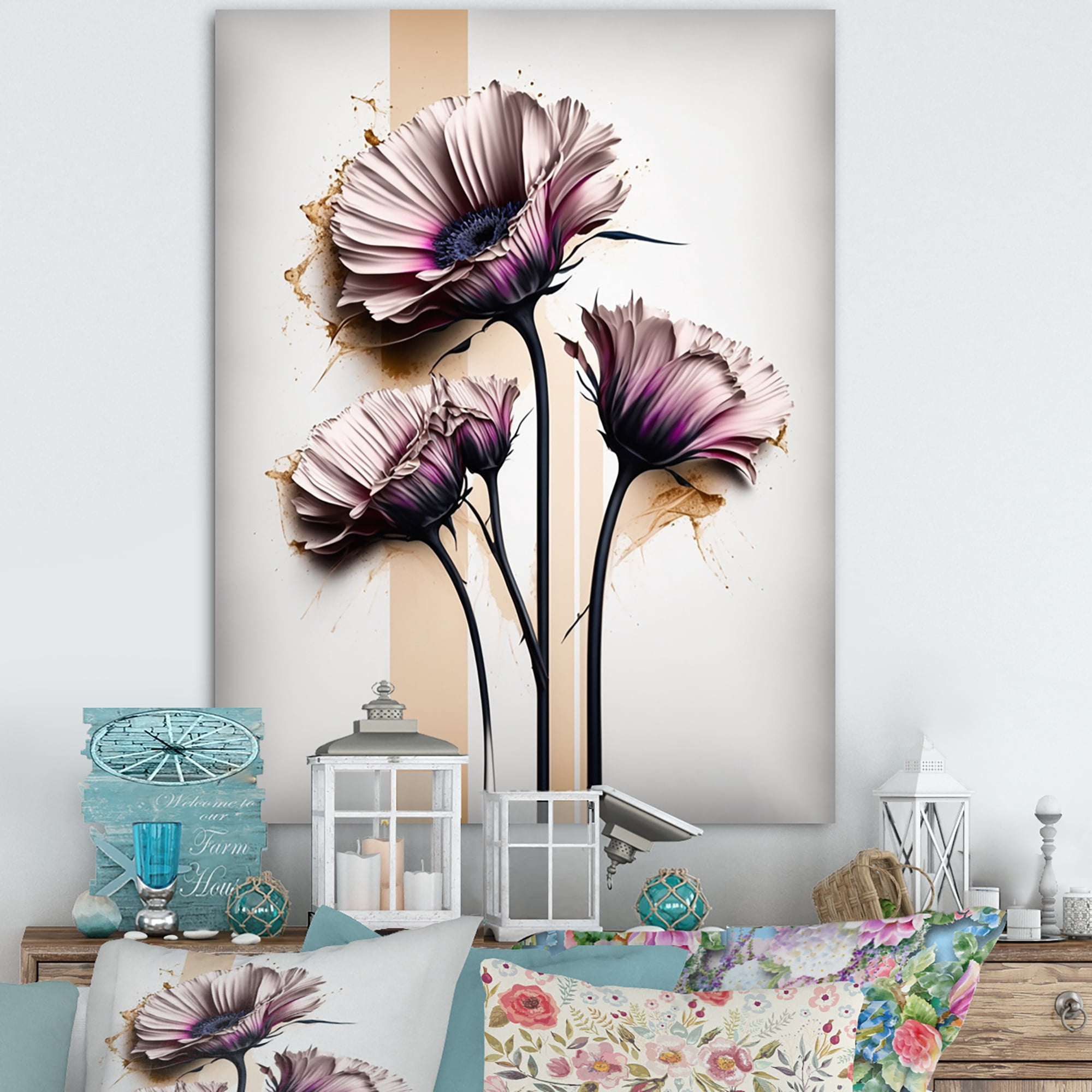 Designart Pink Gerbera Flower On Abstract Fusion V Canvas Wall Art
