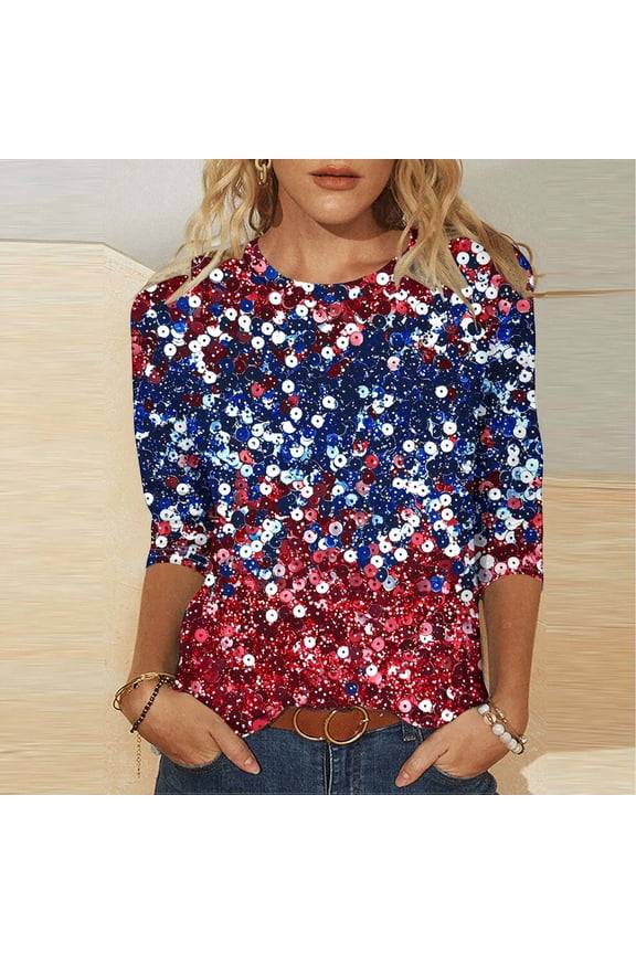 Womens Sequined American Flag Tunic Top, 3/4 Sleeve Red White Blue Stars & Stripes Blouse, Casual Glitter Shirt for Independence Day Memorial Day,Size S