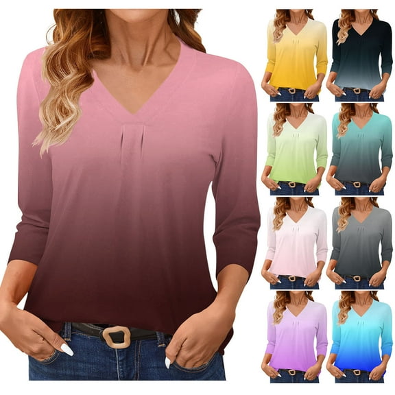 Ashirexll Womens Casual Tops, Tops for Women Trendy, Solid Color Gradient 3/4 Length V Neck Base T Shirt for Ladies Fashion