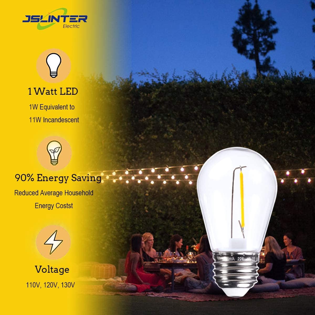 25-Pack S14 1W Outdoor String Lights Bulbs LED, Shatterproof & Waterproof, 2700K Soft White, 11W Equivalent, E26 Base Non-dimmable, Edison Vintage Style Replacement for Patio Garden