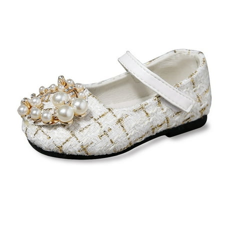 

URMAGIC Kids Girls Pearls Rhinestone Wreath Dress Shoes Plaid Mary Jane Flat Shoes(5 Toddler-11 Little Kids)