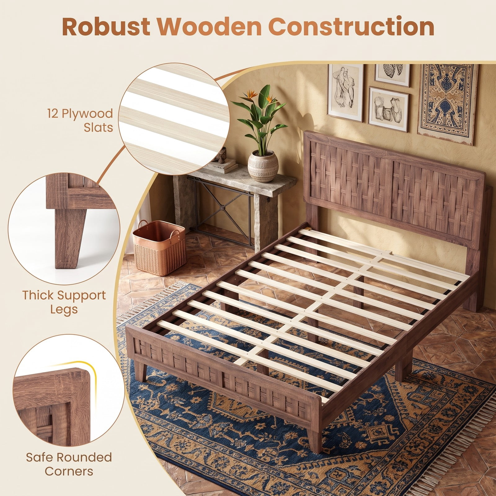 Furnibear Full Size Bed Frame Wood Platform Bed Frame with Woven Accent Headboard and Footboard and 12 Plywood Slats, Walnut