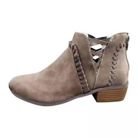 

Boots Deals 2022 Hvyes Women s V Cutout Low Tube Solid Color Sleeve Heel Back Zipper Retro Ankle Boots