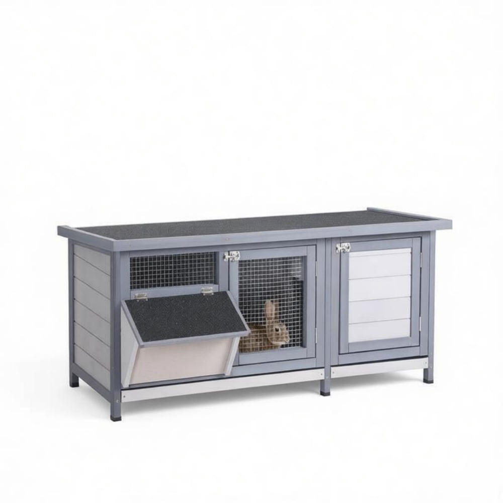 2-Tier Fir Wood Rabbit Hutch, Weatherproof Asphalt Roof Small Animal Cage with Pull Out Trays, Predator Resistant Steel Wire Bunny House for Rabbits Guinea Pigs Backyard Garden Use