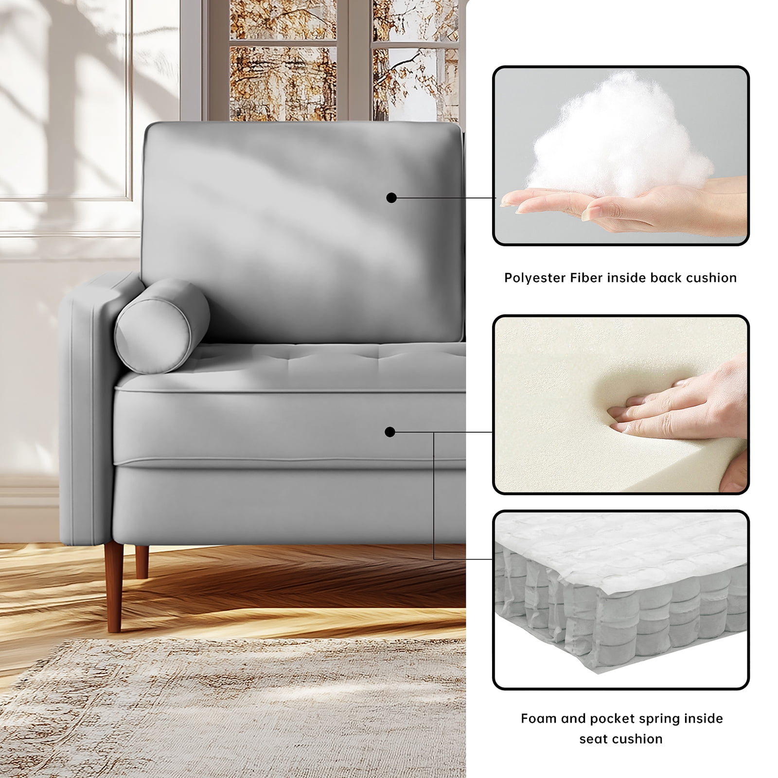 Dixie 57" Small Sofa Loveseat Couch, Premium Velvet Fabric And 2 Bolster Pillows Suitable for Apartment or Small Living Room, Grey