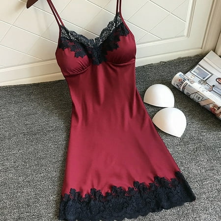 IDALL Halter Dresses for Women Sexy Lingerie for Women Pajamas Pads Nightchest Satin Nightwear Sleepwear with Summer Pajamas for Women Plus Size Lingerie for Curvy Women Wine S