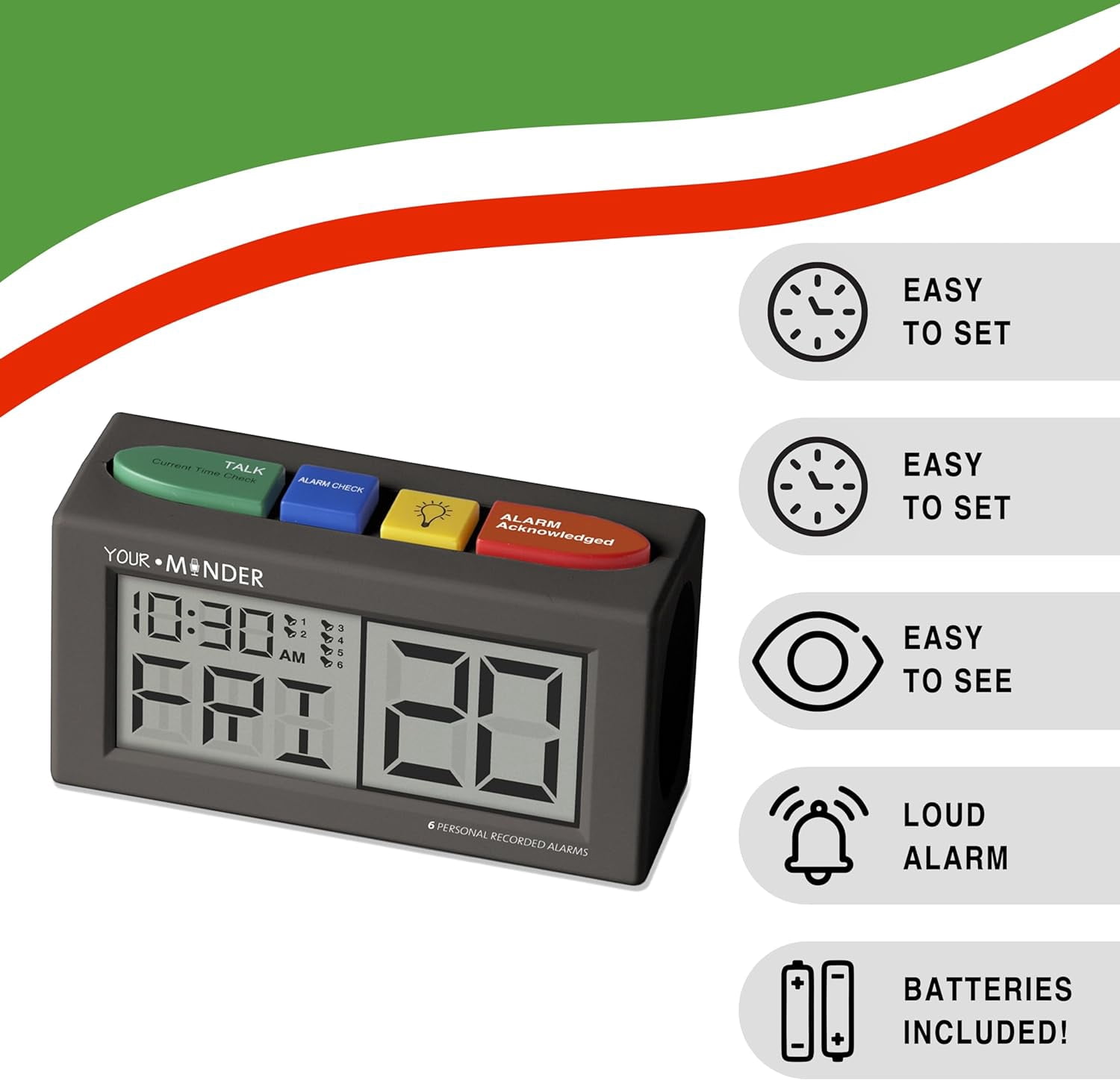 FSA/HSA MEDCENTER Your Minder Voice Record & Alarm Clock – Loud, Easy-to-Set Custom Voice Recording for Medication Alerts, Multicolor, 0.30 Pound