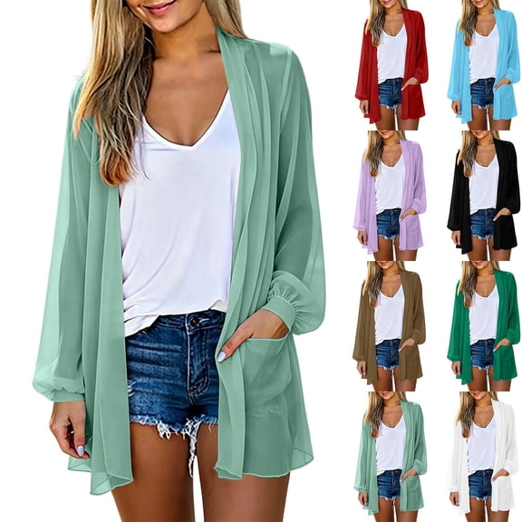 Hfnxid Womens Cardigans Lightweight Sheer Shrug Loose Fit Puff Sleeve Cover Up Casual Fall Open Front Cardigans Khaki M