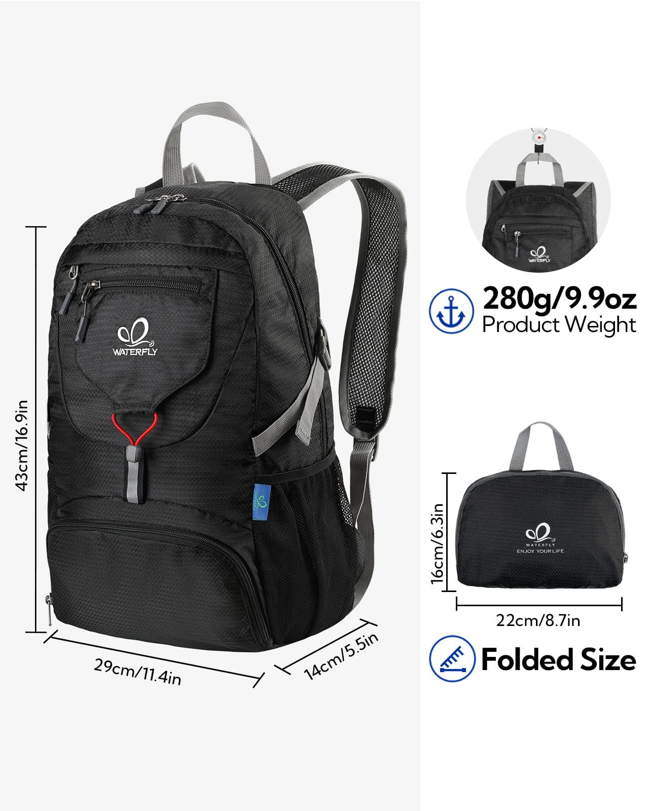 WATERFLY Unisex 20L Small Foldable Packable Travel Hiking Nylon Backpacks Daypack,Black