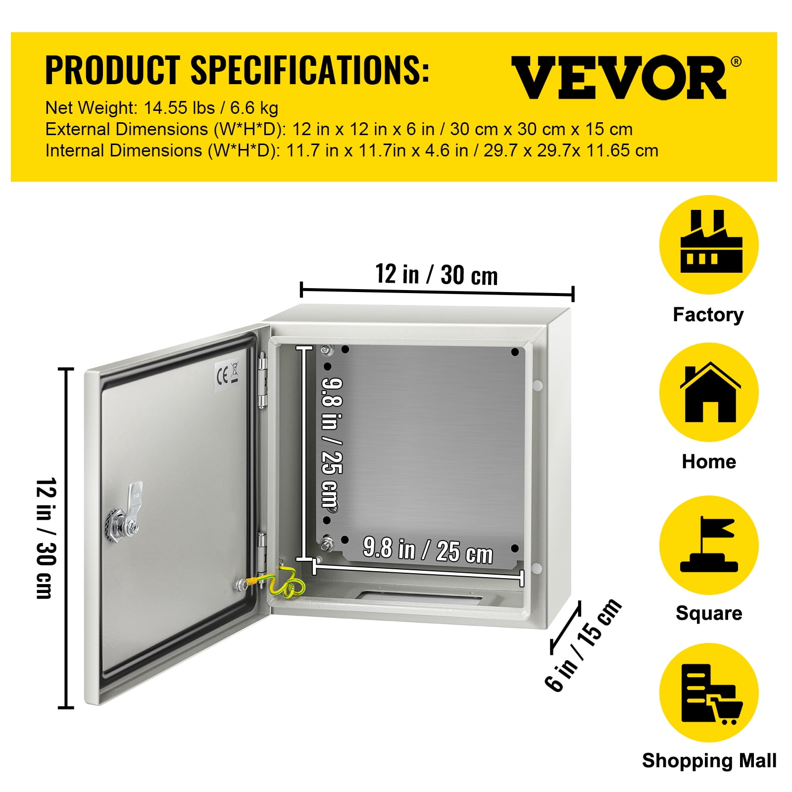 VEVOR NEMA Steel Enclosure, 12 x 12 x 6" NEMA 4X Steel Electrical Box, IP66 Waterproof & Dustproof, Outdoor/Indoor Electrical Junction Box, with Mounting Plate