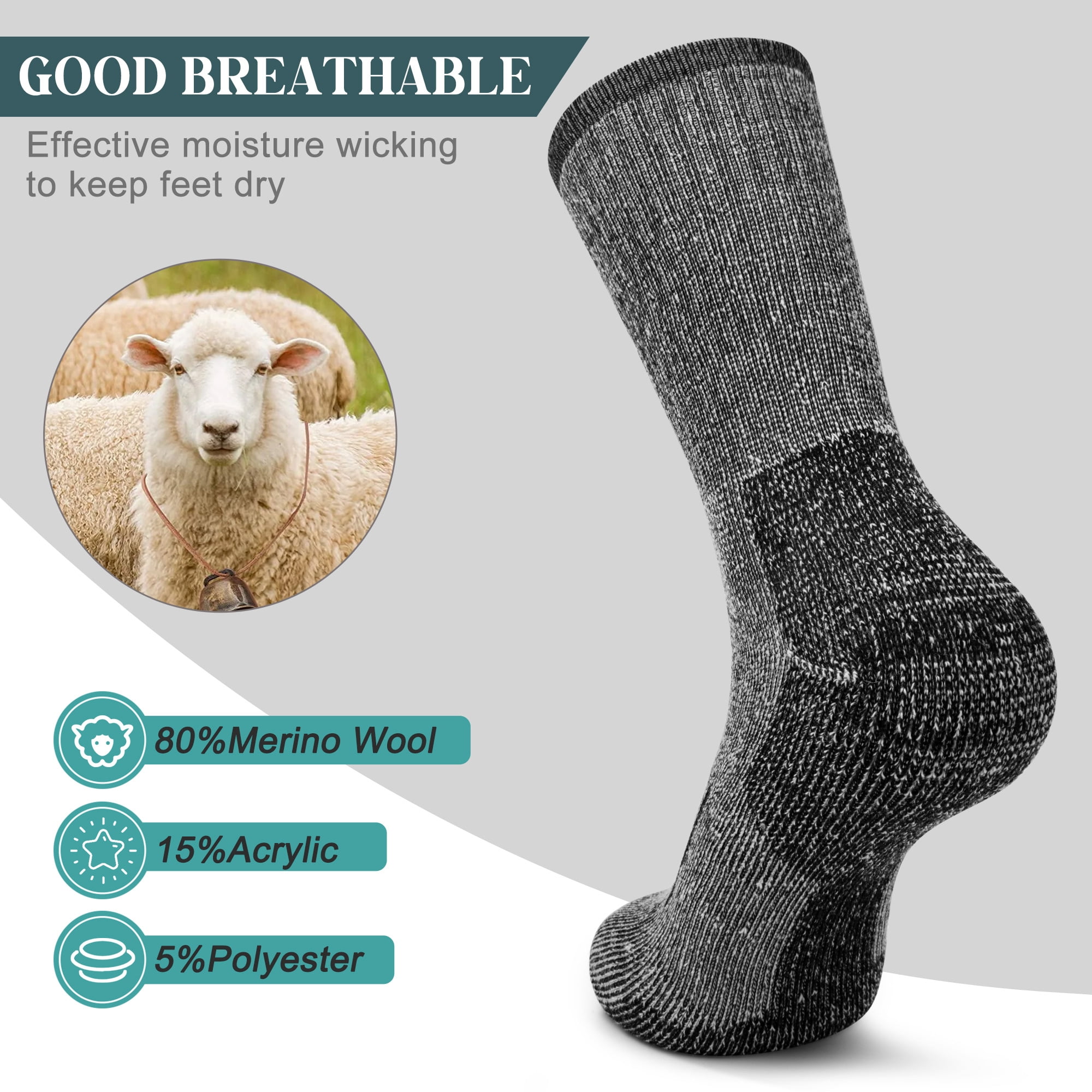 KOITHOT 3 Pack Merino Wool Socks for Men & Women, Thermal Boot Warm Hiking Socks