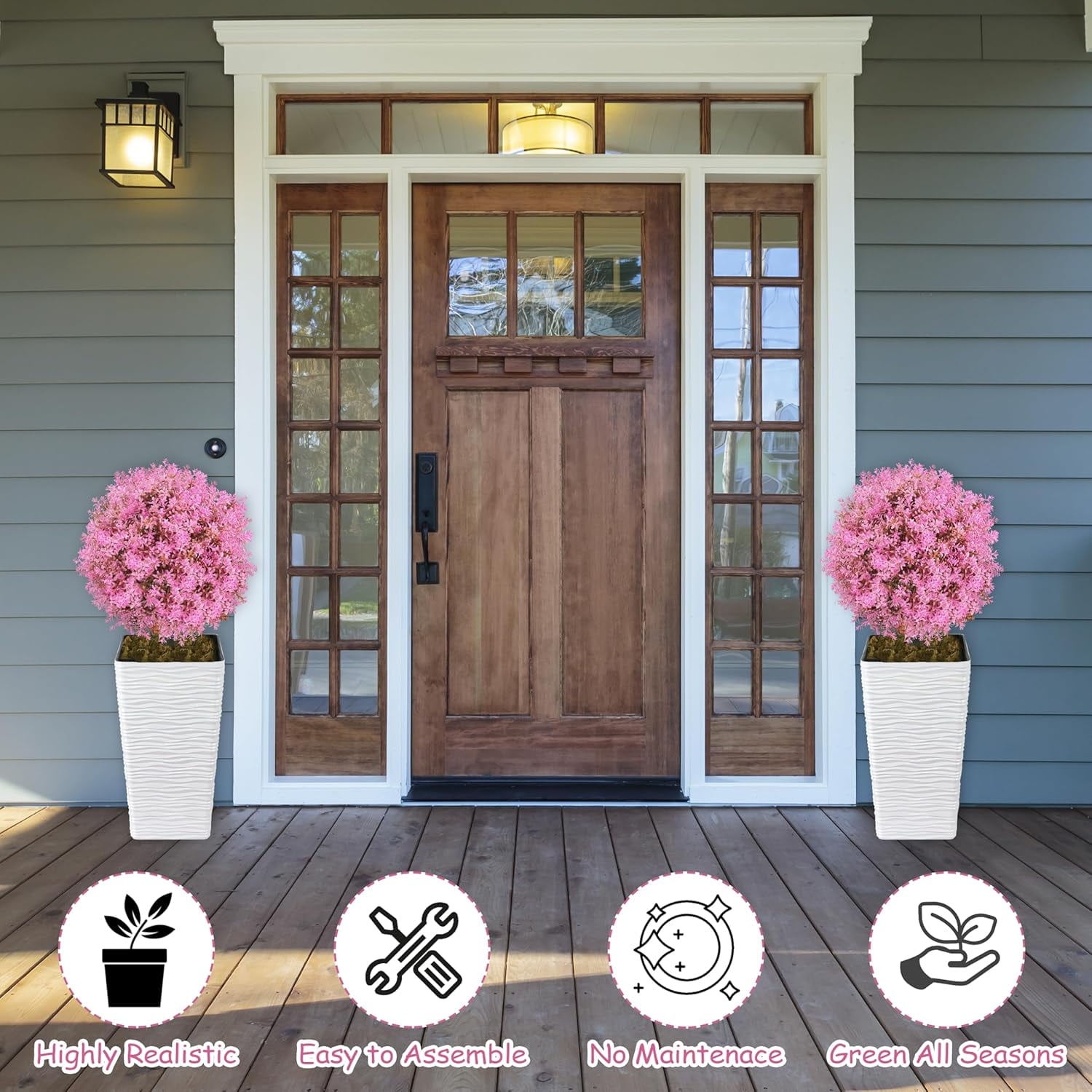 Bibana 25.5" Set of 2 Artificial Lilac Flowers Tree, Faux Lilac Shrub Bushes with Ground Spike, UV Resistant Fake Delphinium Antirrhinum for Indoor, Garden, Yard, Porch, Patio Decor (Pink)