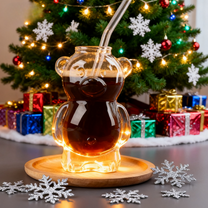 Viral Bear 11oz Glass Cold Cup with Straw, Perfect for Iced Coffee, Cocktails, Cold Brews, and Holiday Drinks, Ideal Christmas Gift for Drink Lovers,(1 Bear Cup with Straw)