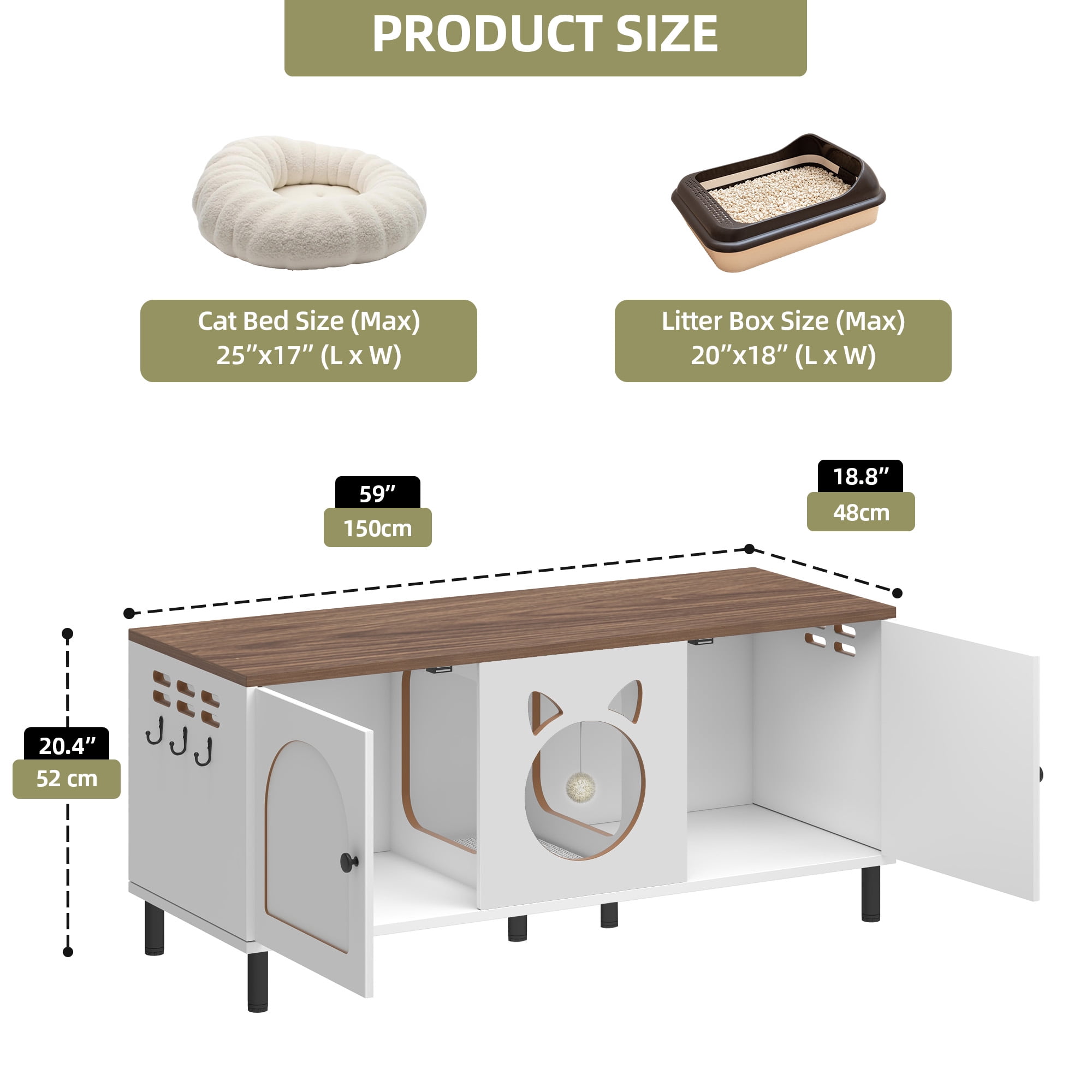 Uforic Cat Litter Box Enclosure with Legs, Wooden Cat Litter Box Furniture with Double Room for 2 Cats, White