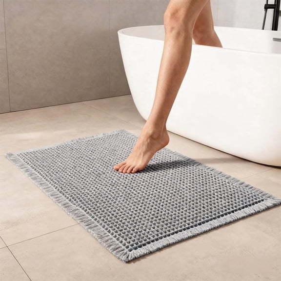 MudFree Waffle Bathroom Rugs,Super Absorbent Bath Mat for Tub Non Slip,Machine Washable Bath Rugs with Tassel Fringe,Bathroom Floor Mat for Shower, Gray 18" x 30"