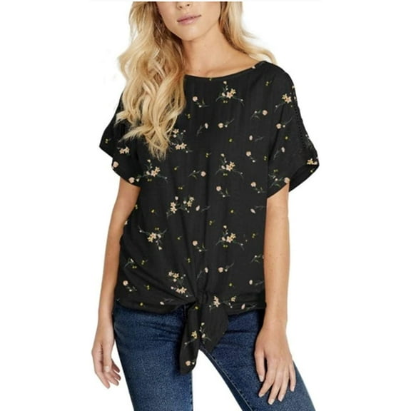 Buffalo David Bitton Women's Tie Front Top Blouse (Black Floral, 3X)