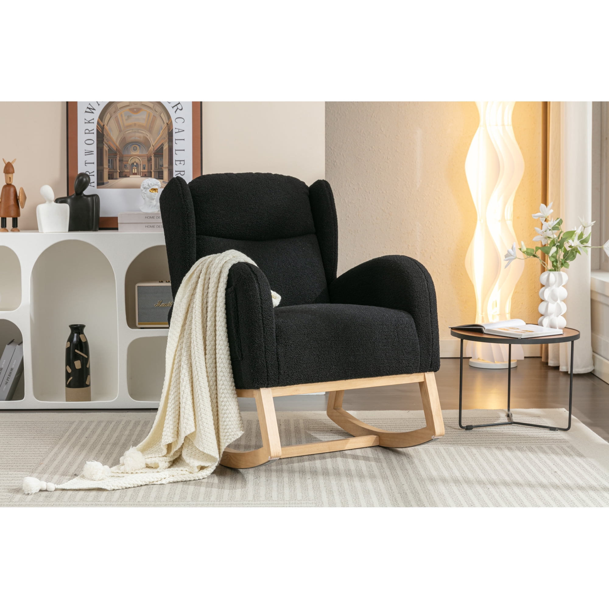 Rocking Chair Nursery,Teddy Fabric Uplostered Rocking Glider Chair with Side Pocket,Modern High Backrest Single Sofa for Living Room, Hotel, Bedroom, Baby Room,Black