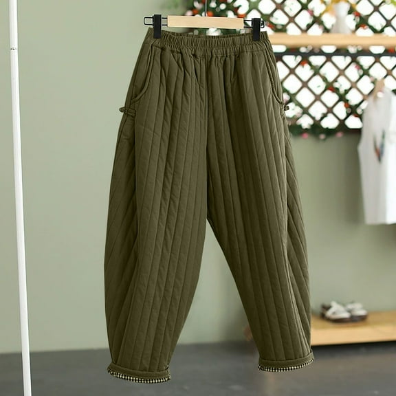 Plus Size Thermal Wide Leg Pants Women Winter Thicken Warm Cotton Pant Elastic Waist Oversized Thermal Long Trousers with Pockets Cold Weather Hiking Snow Ski Clothing