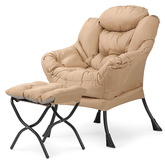 OSM Lazy Chair with Ottoman Set, Modern Upholstered Lounge Accent Chair & Footstool, Armrests, Comfortable Reading Napper Chair for Living Room, Bedroom, Dorm, Beige