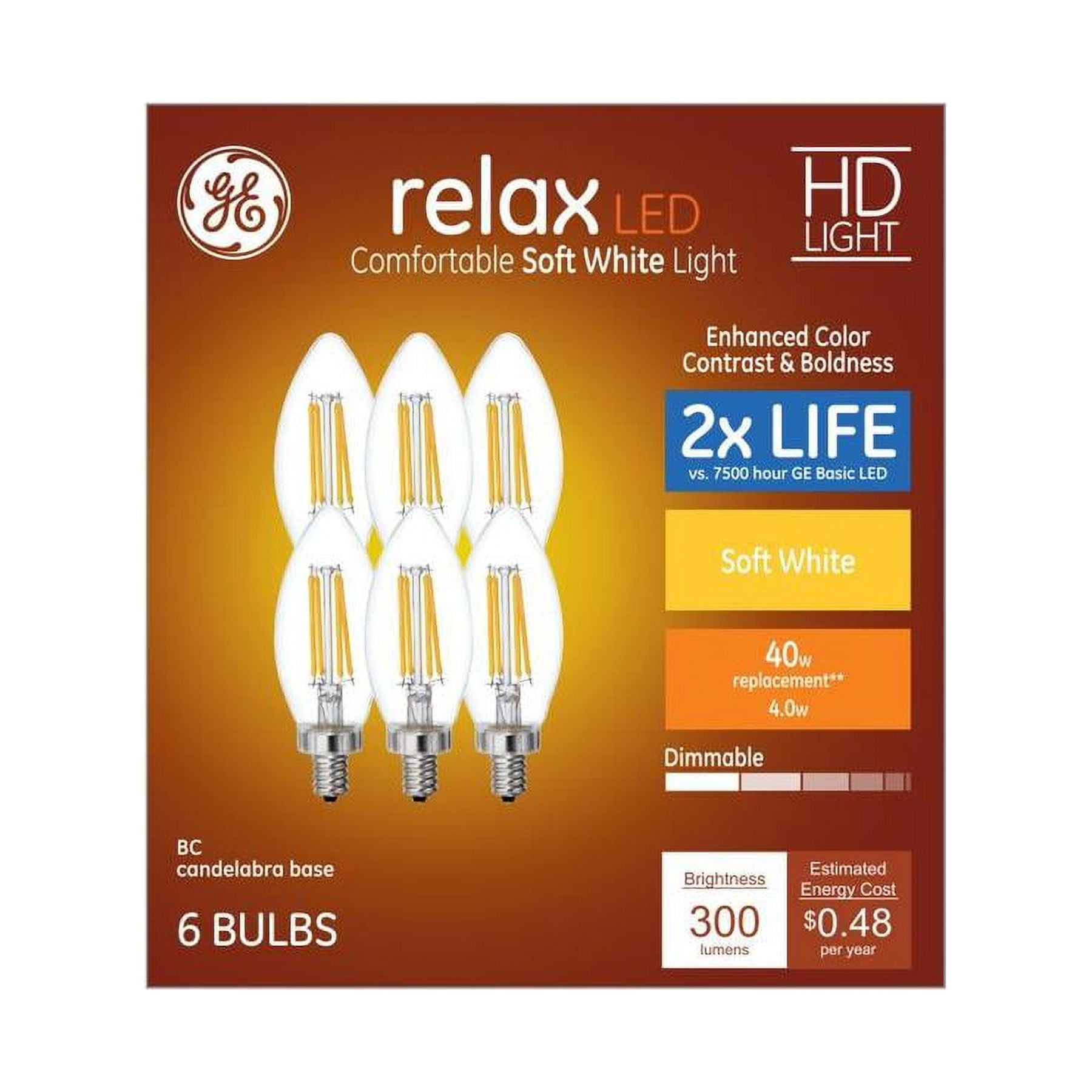 GE Relax 6-Pack 40 W Equivalent Dimmable Soft White B LED Light Fixture Light Bulb