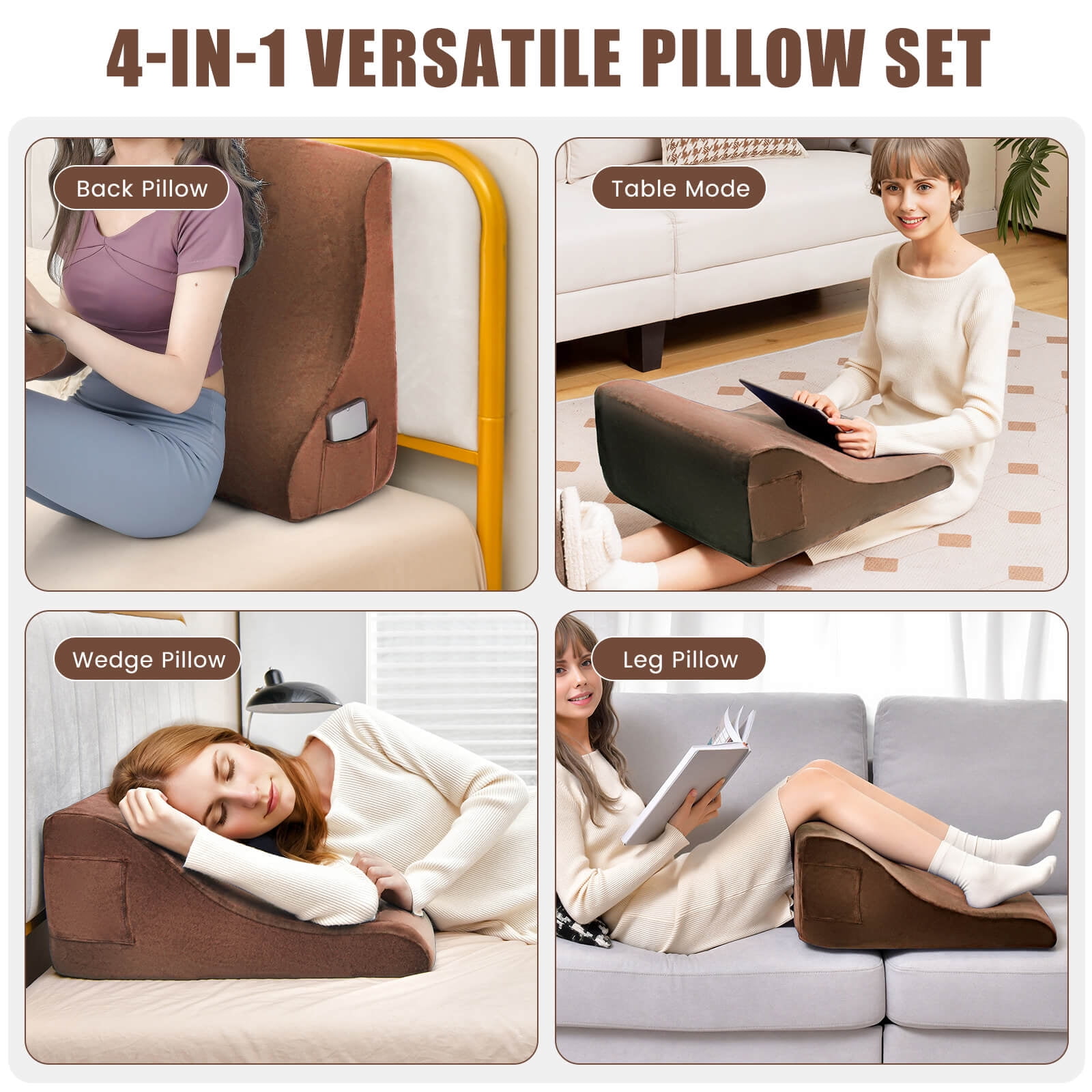 Costway Bed Wedge Pillow with 2 Side Pockets Support for Back Smooth Zipper Brown
