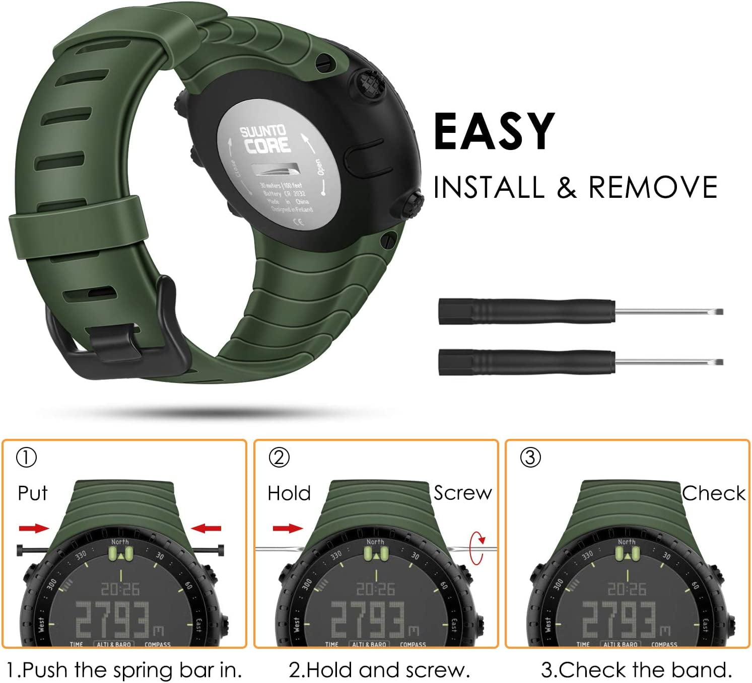 CRKMGS-Fintie Watch Band Compatible with Suunto Core, Rubber Accessory Strap Replacement Wrist Sport Bands w/Metal Clasp Compatible with Suunto Core Smartwatch, Olive
