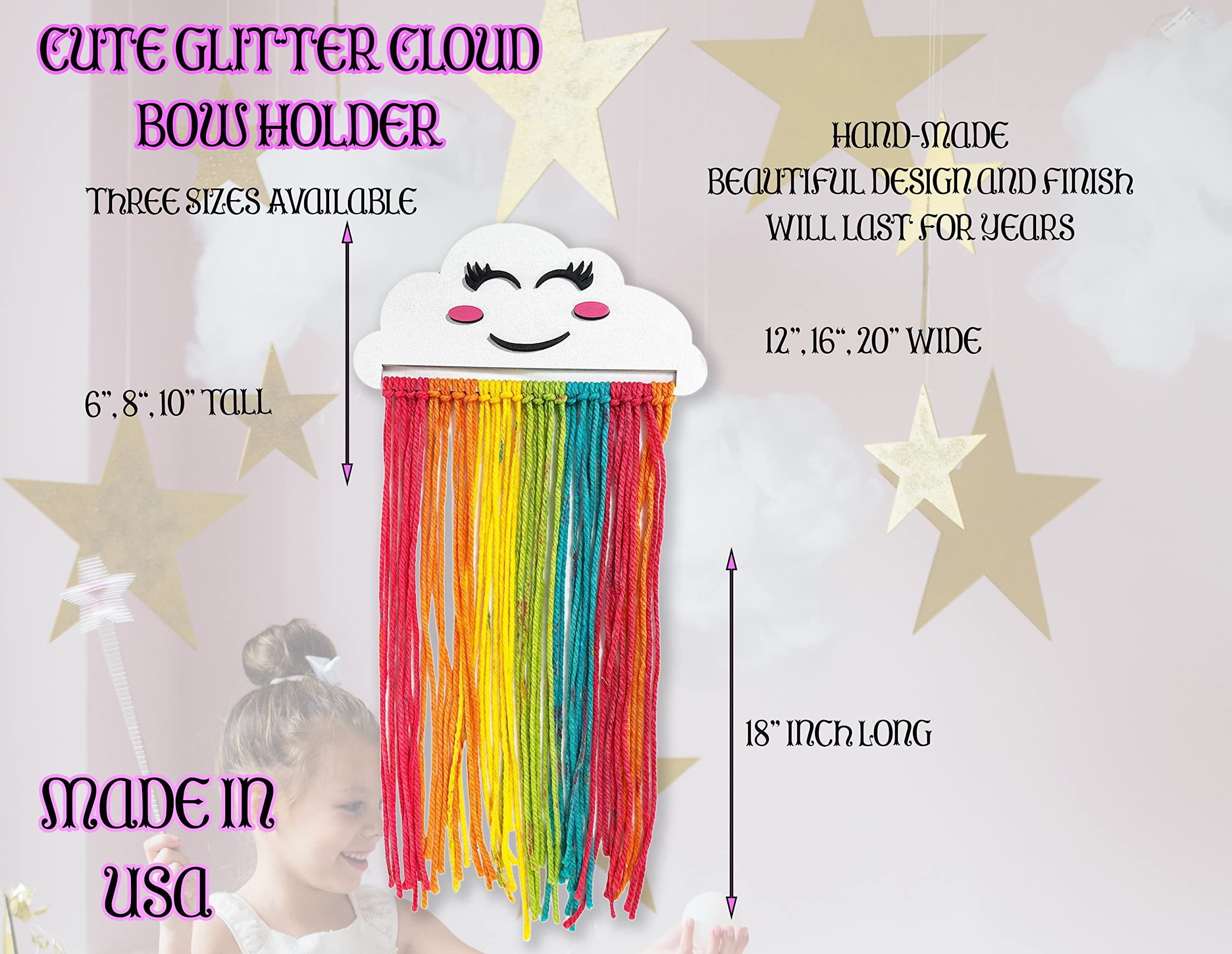Urbalabs Cloud Rainbow Girls Bow Holder 20 Inch Wooden Hairbow