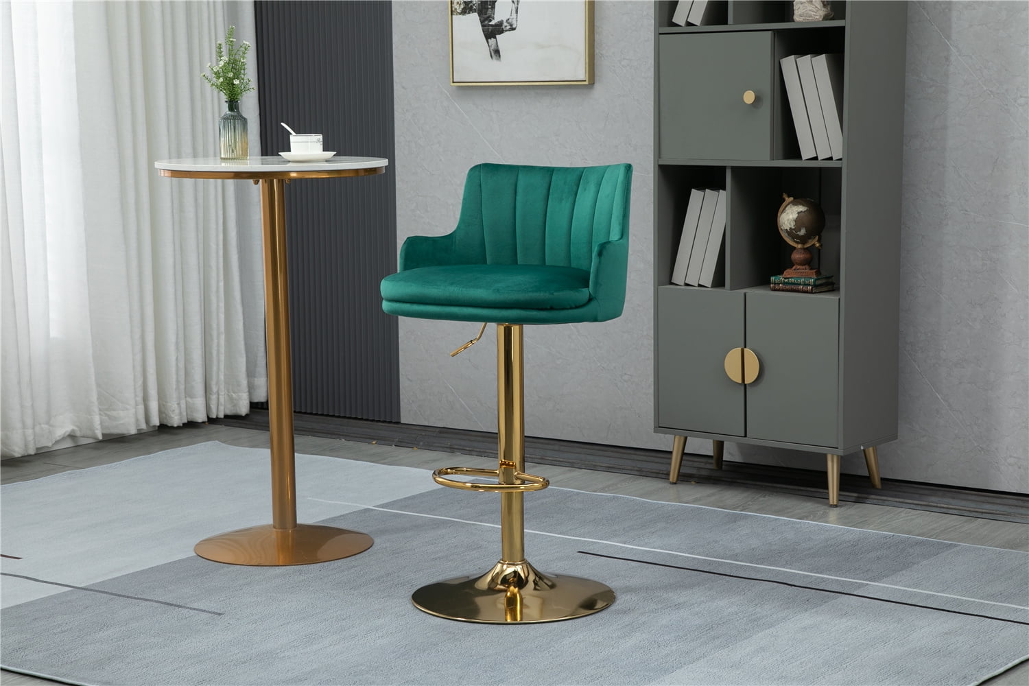 Velvet Bar Stool Chair, Height Adjustable Swivel Barstool with Footrest and High Back, Modern