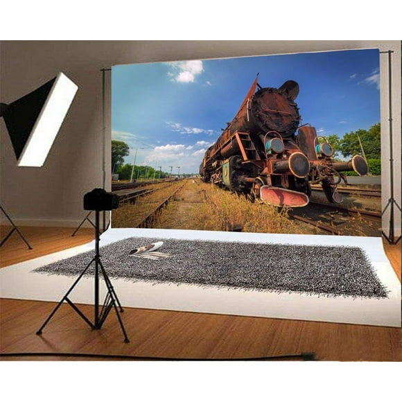BSDHOME 7x5ft Photography Backdrop Locomotive Vintage Old Train Railroad Tracks Grass Field Trees Blue Sky White Cloud Nature Journey Photo Background Backdrops