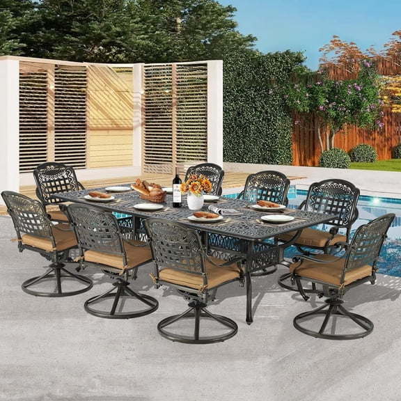 9-Piece Patio Dining Set for 8, All Weather Cast Aluminum Outdoor Funiture Table and Chairs Set - 94.5" Rectangular Table and 8 Cushioned Swivel Rocker Chairs, Umbrella Hole, Khaki