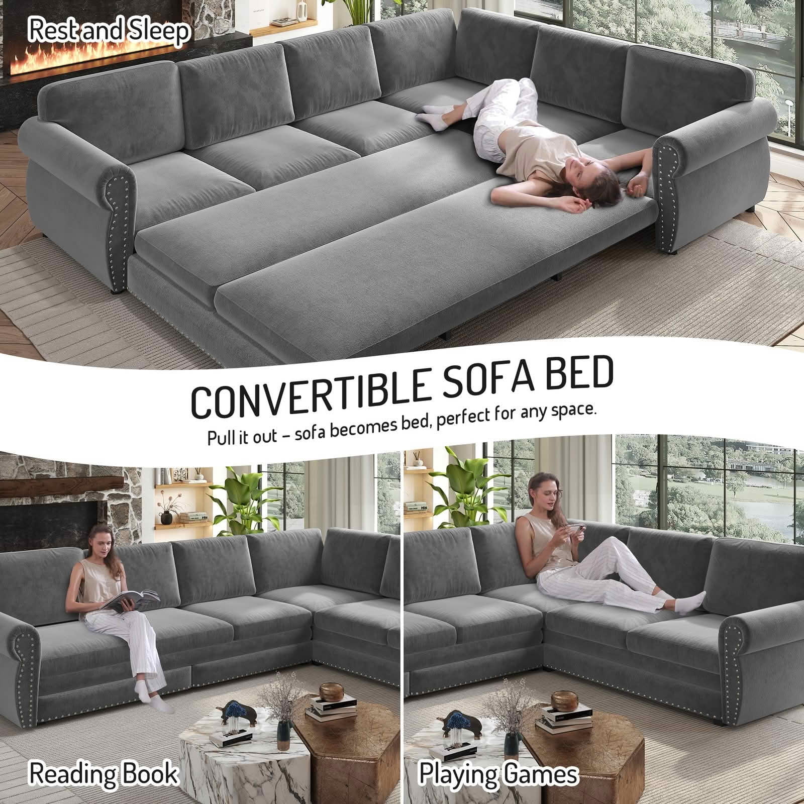 MAYEERTY 118" L‑Shaped Convertible Pull‑Out Sofa Bed, Chenille Sectional Couch with Nailhead Trim & Rolled Arms, Oversized Multifunctional Sleeper Sofa