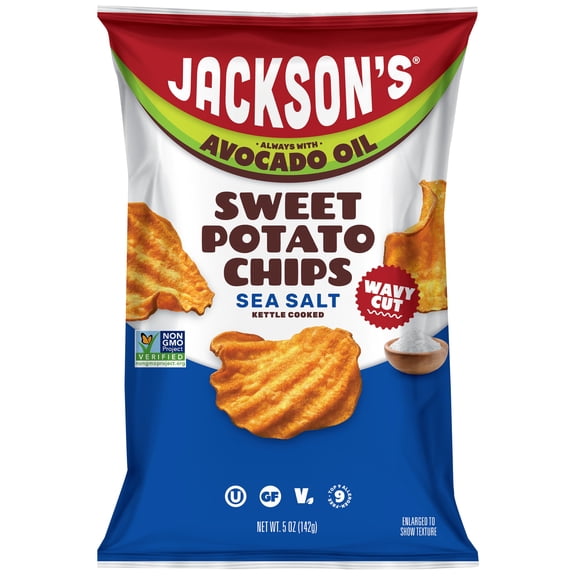 Jackson's Sweet Potato Kettle Wavy Chips with Sea Salt, Avocado Oil, Free of Top 9 Allergens, 5 oz