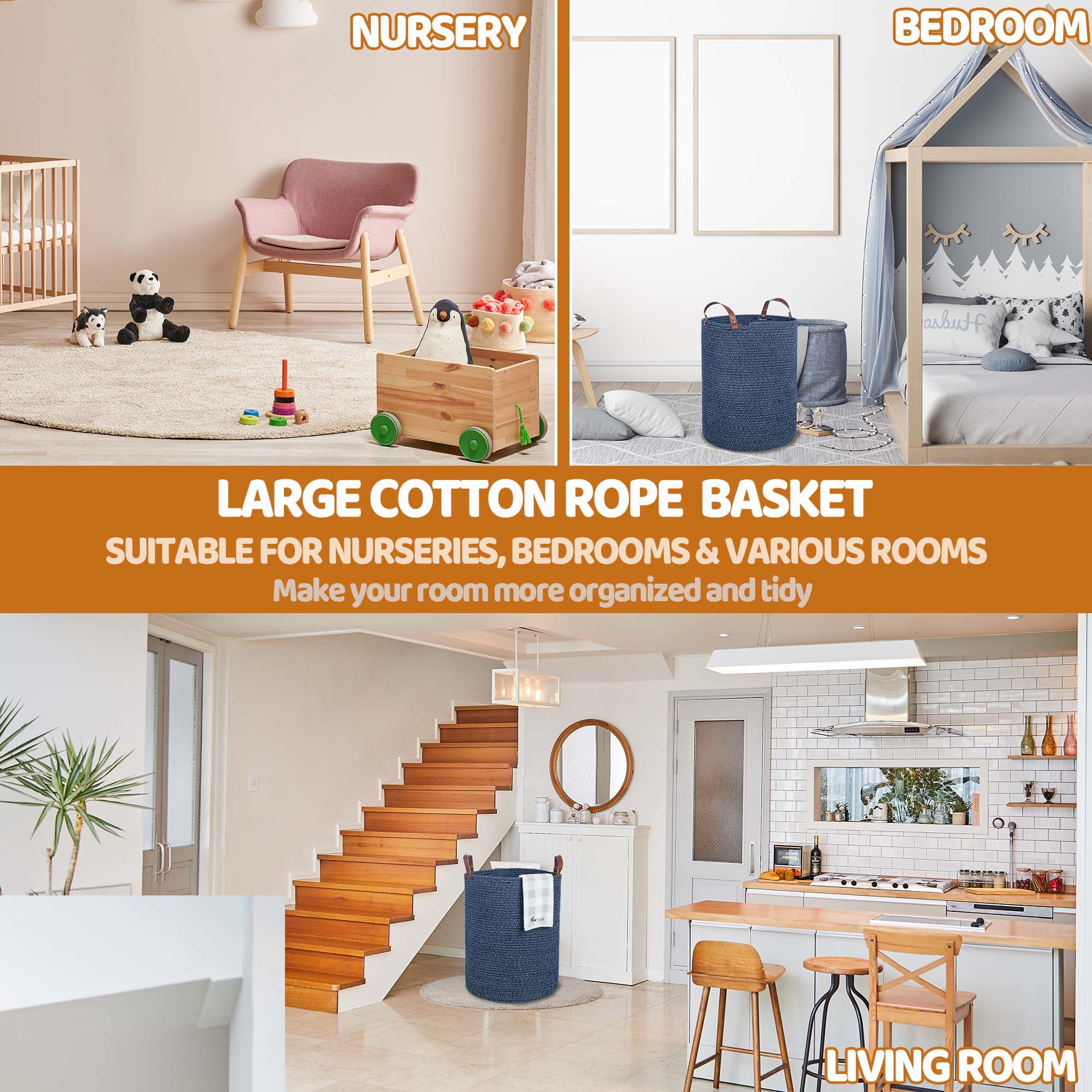 Caroeas XXXL Extra Large Rope Basket, 16''x20'' Woven Storage Basket with Leather Handles, Blanket Basket for Living Room, Tall Nursery Basket, Storage Organizer, Blue