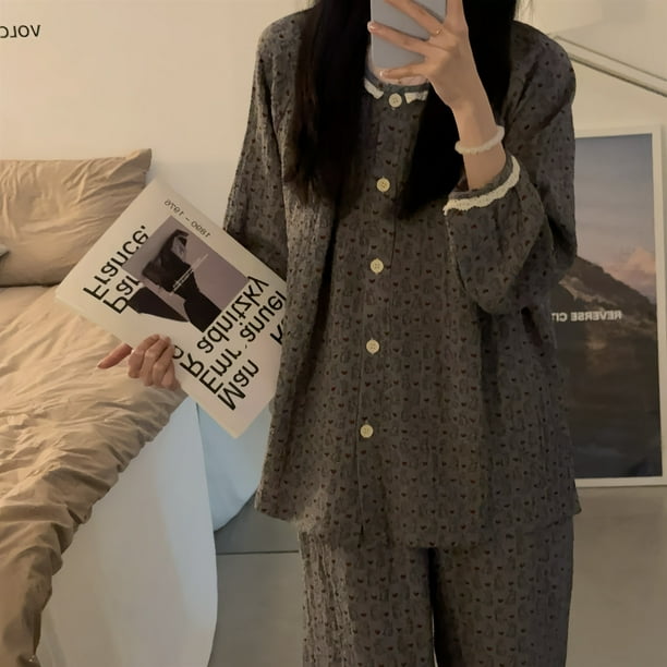 Pijamas grises de manga larga para mujer, conjunto de ropa de estar por CASA DE conejito, estilo princesa dulce, Otoño, 2024