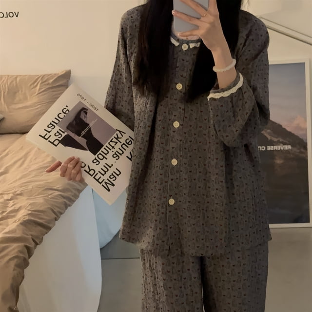 Pijamas grises de manga larga para mujer, conjunto de ropa de estar por CASA DE conejito, estilo princesa dulce, Otoño, 2024