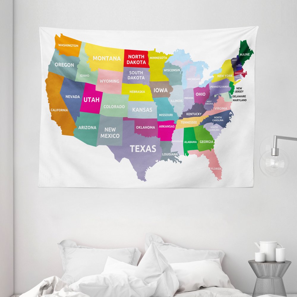 Map Tapestry, USA Map with Name of States in Different Colors America