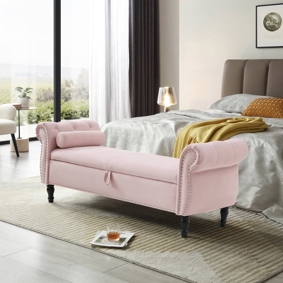 Holaki 63" Velvet Multi-functional Storage Rectangular Sofa Stool Buttons Tufted Nailhead Trimmed Solid Wood Legs with 1 Pillow, Light Pink