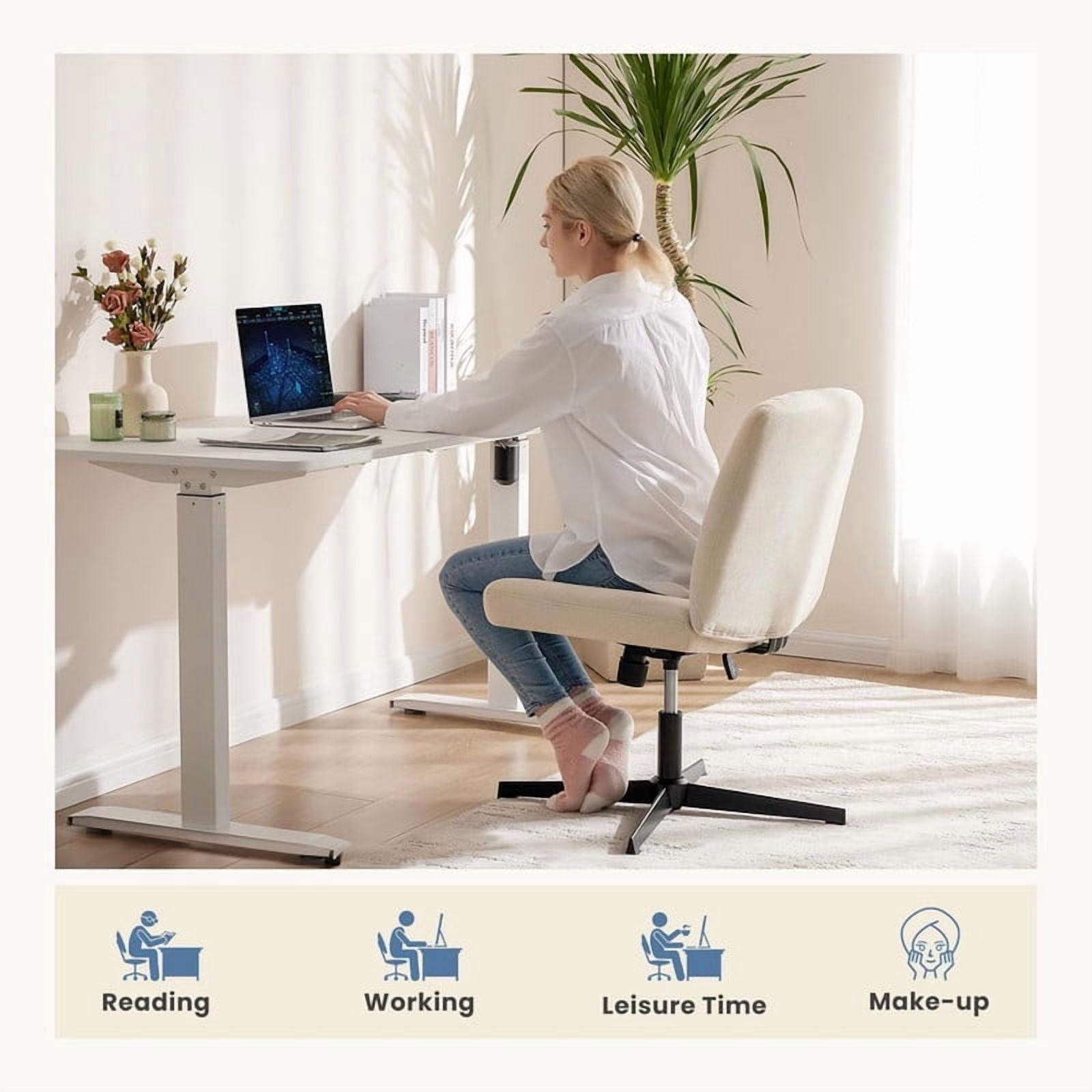 Kelno Linen Cross Legged Desk Chair Wide Seat Chair Ergonomic Height Adjustable Swivel Office Vanity Chair, Beige