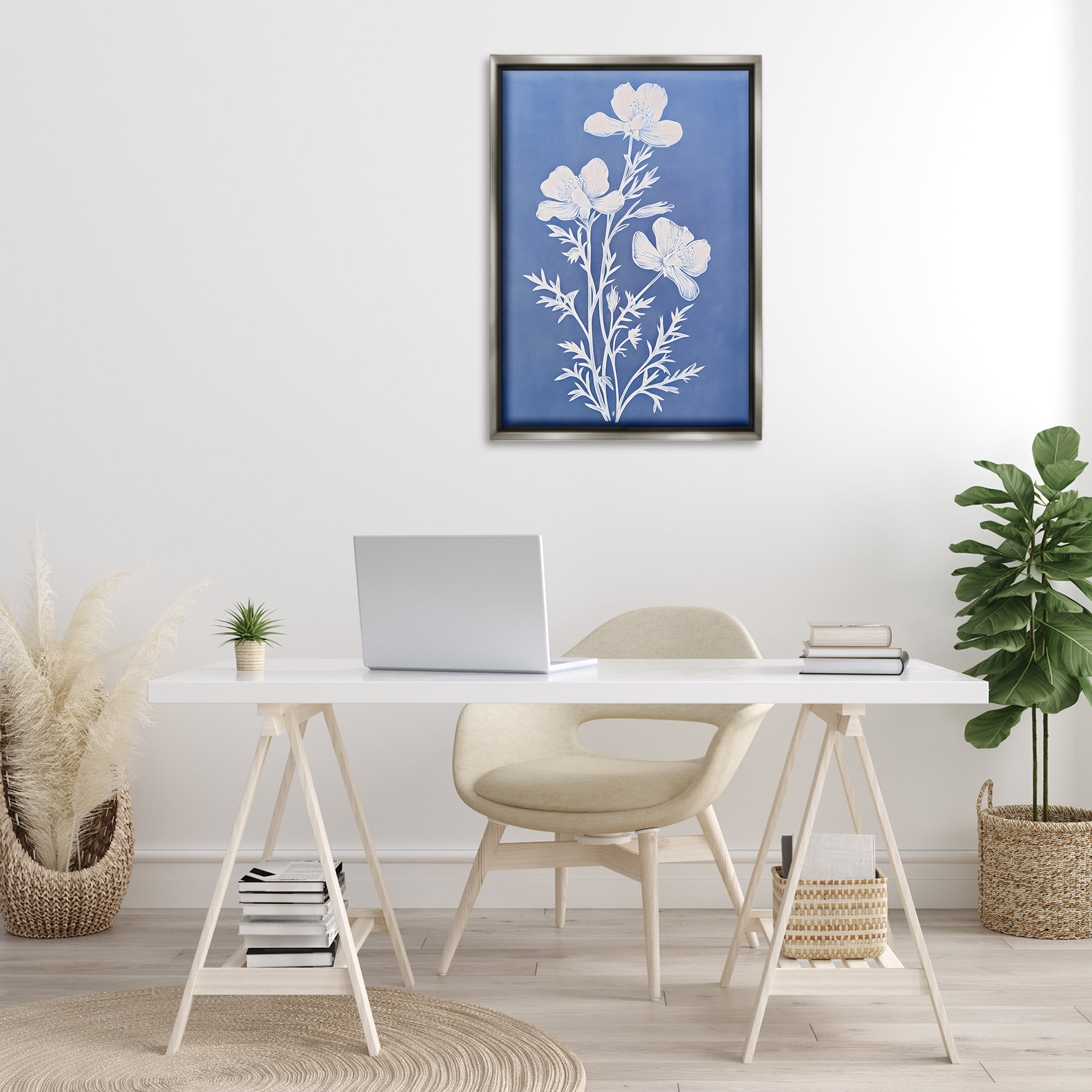 Stupell Industries Cerulean Blue Blooms Botanical & Floral Painting Gray Floater Framed Art Print Wall Art, 21 x 31
