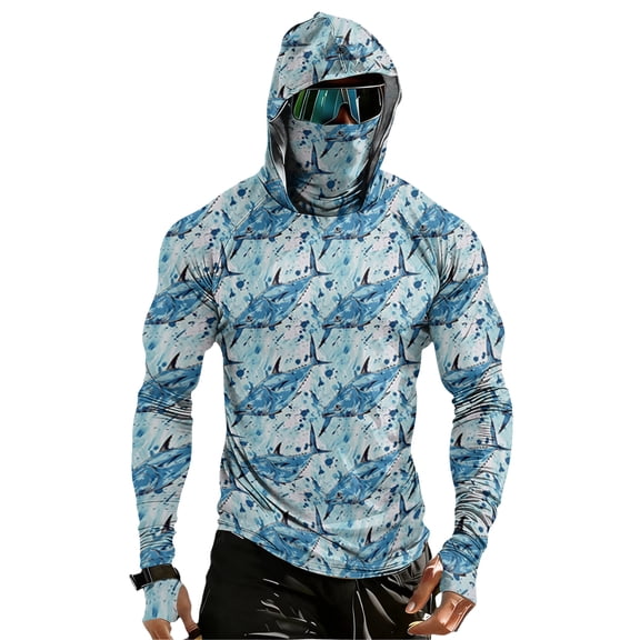 Men's UPF 50 Cooling Compression Hoodie, Long Sleeve Muscle Rash Guard Fishing Shirt with Integrated Face Mask Lightweight Summer Outdoor Tops