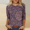 thumbnail image 2 of Feancey 3/4 Length Sleeve T Shirts for Women Textured Floral Graphic Tees Dressy Casual Plus Size Tops Loose Vintage Tunic Blouse Purple 5XL, 2 of 6