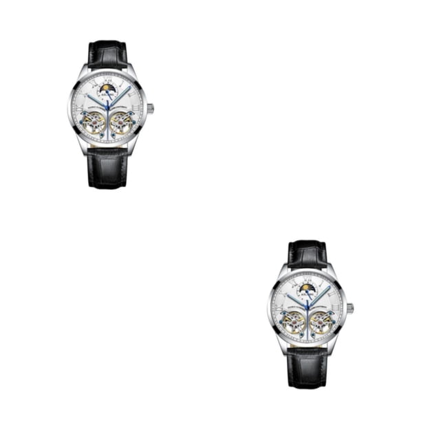 Minnieouse Reloj mecánico de acero inoxidable para hombre, correa de cuero analógica, reloj de luminoso de negocios ajustable fácil de tipo 5 2piezas