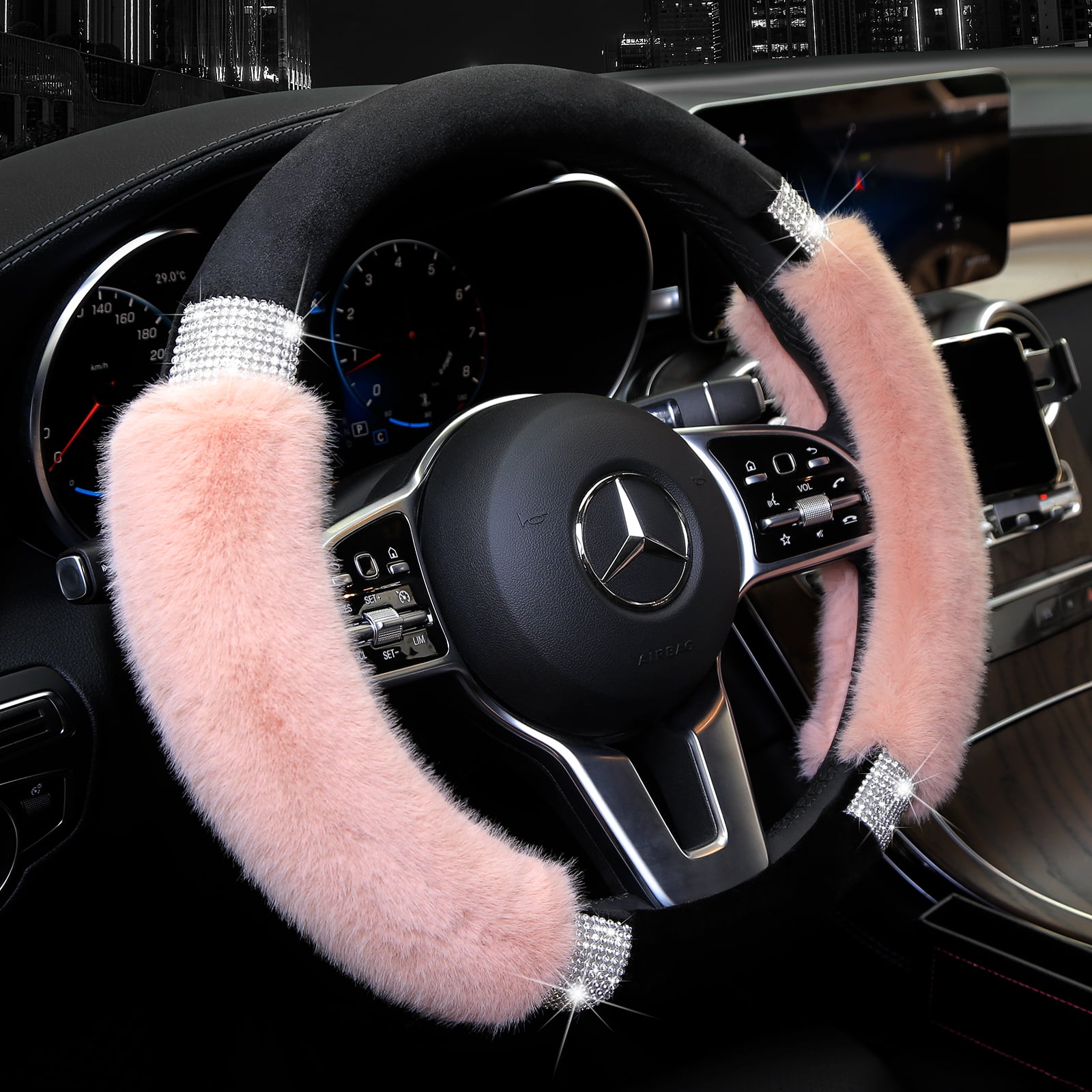 15 Inch Girls Universal Rhinestone Bling Comfortable Non-Slip Luxurious Faux Wool & Glam Vehicle for Ladies Achiou Fluffy Steering Wheel Cover for Women 