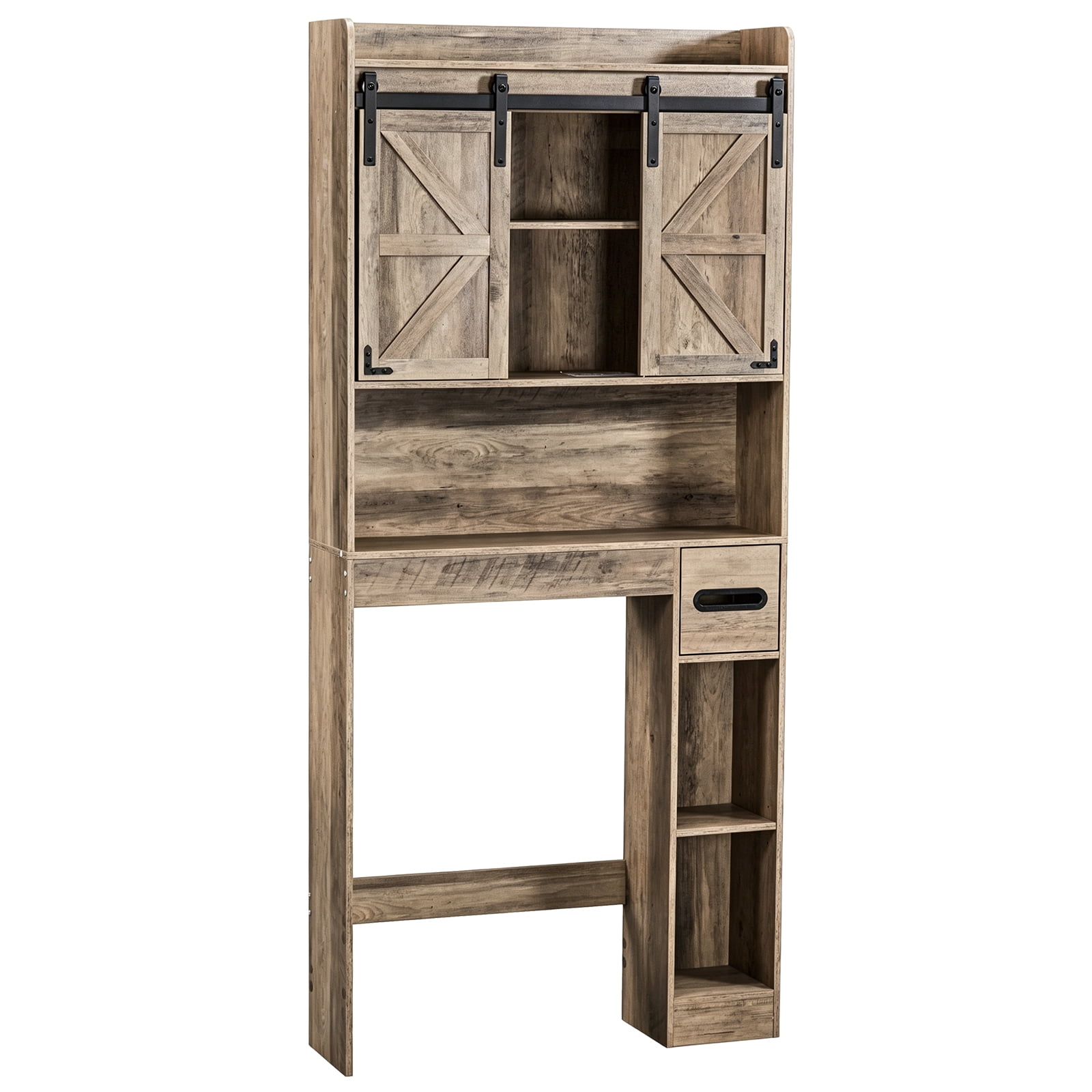 Toilet Cabinet, 2 Doors and Contain, 2-Tiered Bathroom cabinet with Side Storage Rack and Tissue Box Barn door style MDF Melamine-Faced Bathroom Vanity, 31.5*8.66*69.69in