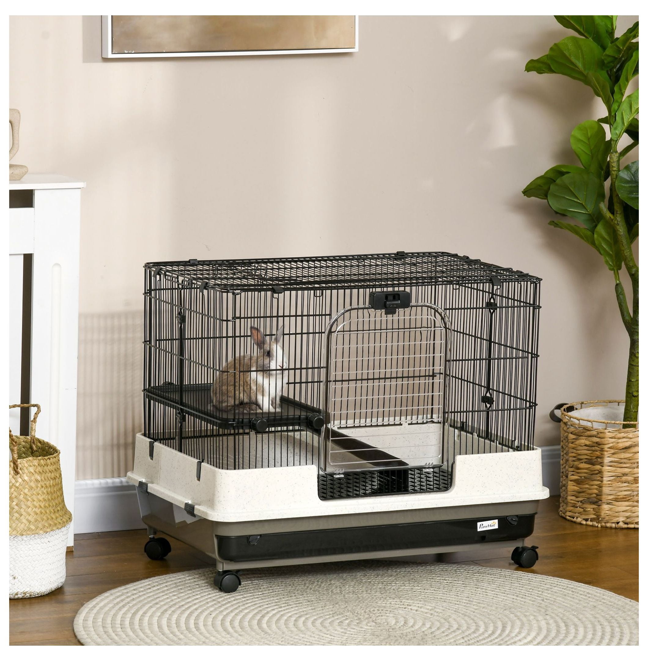2-Tier Black Small Animal Cage Rabbit Hutch with Wheels Removable Tray Platform Ramp for Bunny Chinchillas Hedgehog Gerbils