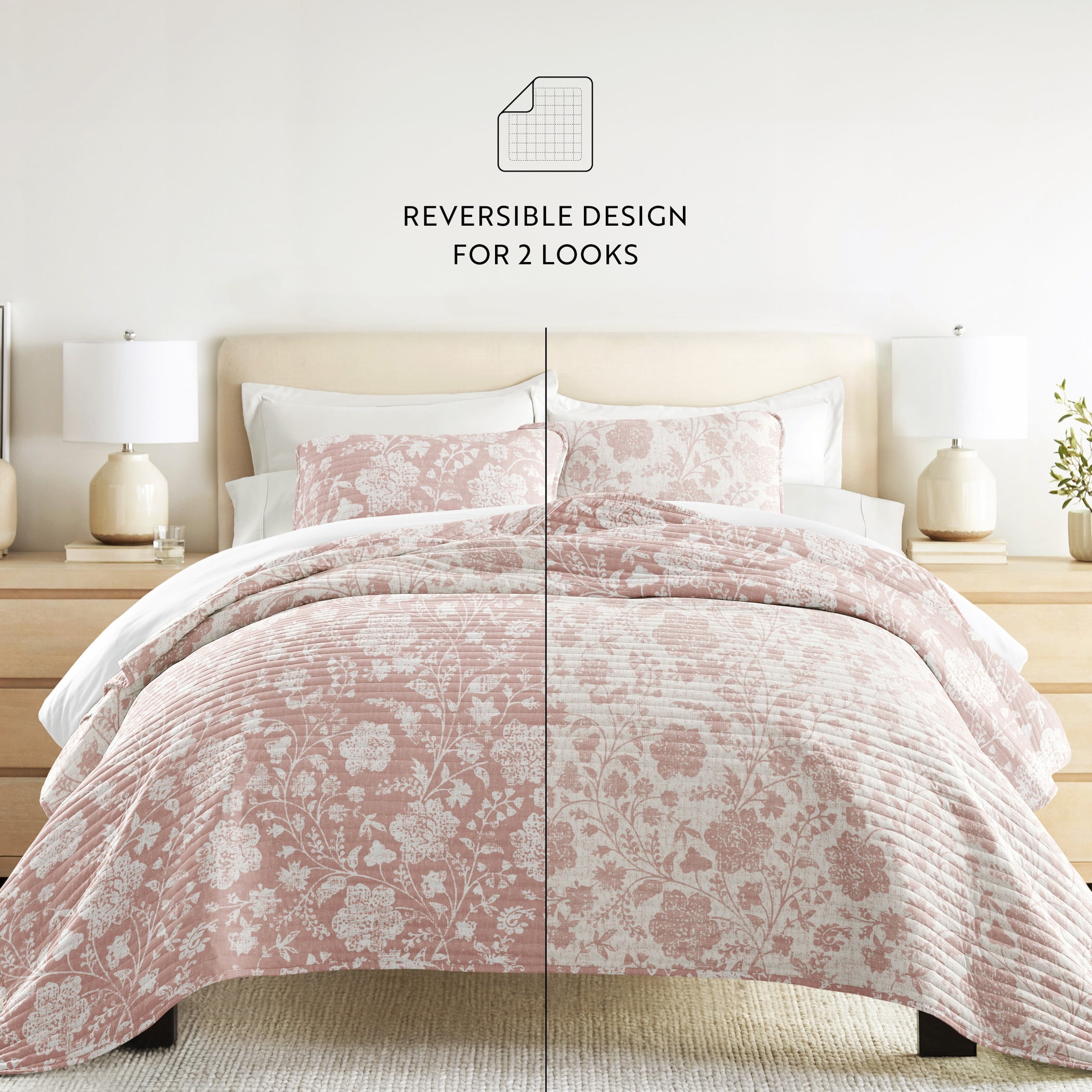 Noble Linens 3-Piece Rose Textured Floral Reversible Quilt Set, Queen