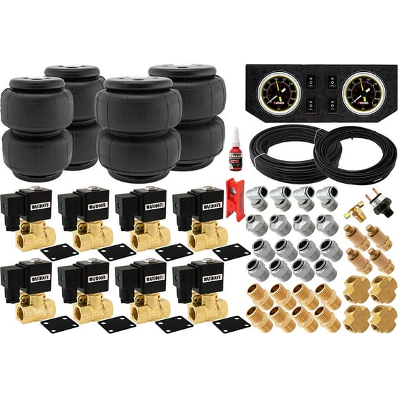 Vixen Air 1/2" NPT Air Ride Suspension High Flow Air Valves with four Air Springs, Pressure Switch, Gauge Dash Panel, Hoses and Fittings VXK1209PB