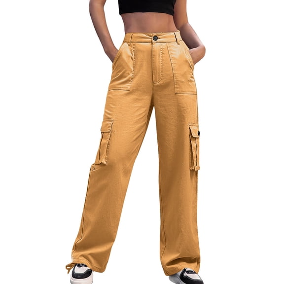 RYRJJ Women's High Waisted Cargo Pants Travel Y2K Baggy Hiking Pants Wide Leg Military Trousers with Multi Pockets Drawstring Ankle Cuffs(Yellow;M)